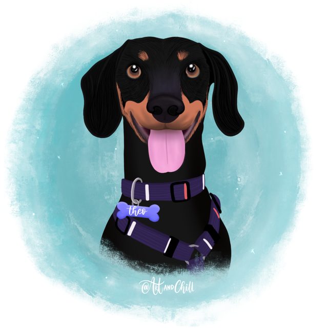Ilustración digital de fan art de Theo sonriendo con la lengua afuera, hecha por @art_and_chill