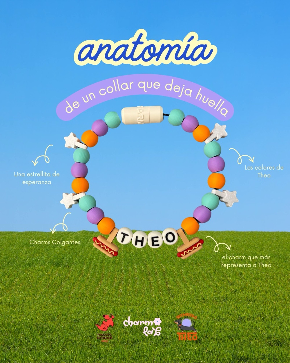 Anatomía del collar Hotdog by Theo: charms colgantes de hotdog, los colores de Theo, estrellitas de esperanza y las letras THEO