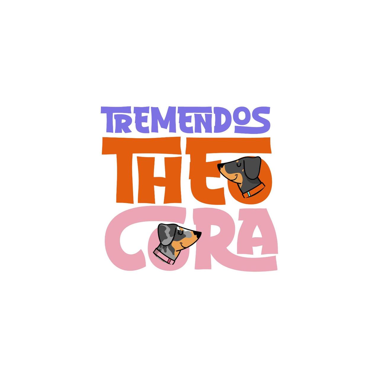 Logo de Tremendos Theo y Cora: dos perros dachshund sobre letras lavanda, naranja y rosa